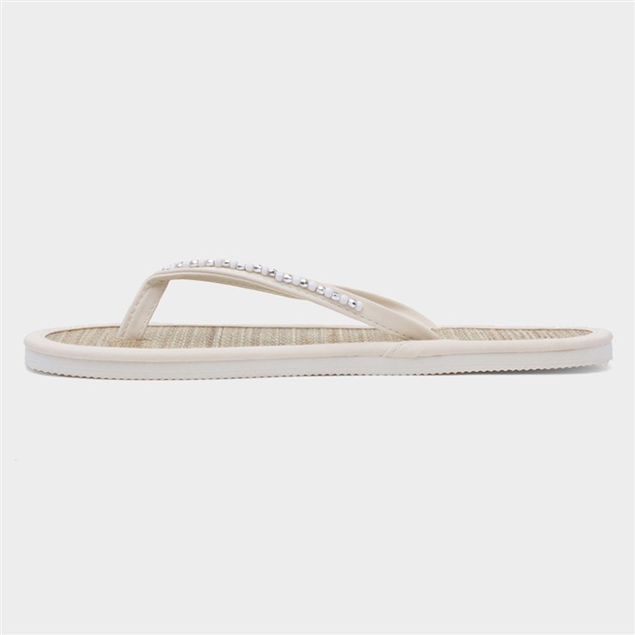 Womens White Beaded Toe Post Flat Sandal