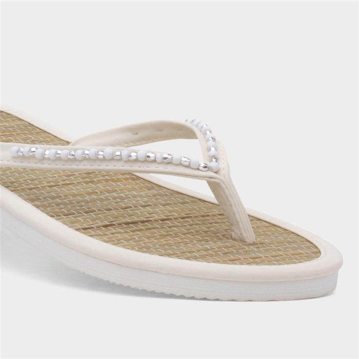 Womens White Beaded Toe Post Flat Sandal