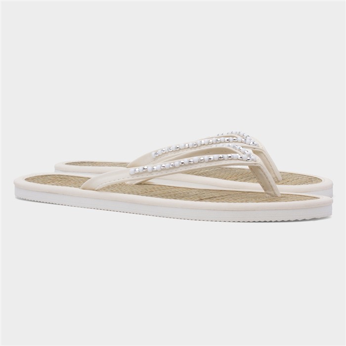 Womens White Beaded Toe Post Flat Sandal