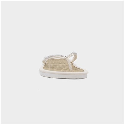 Womens White Beaded Toe Post Flat Sandal
