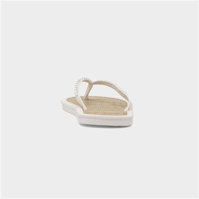 Womens White Beaded Toe Post Flat Sandal