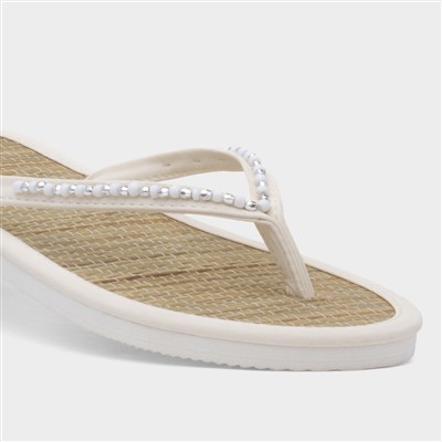 Womens White Beaded Toe Post Flat Sandal