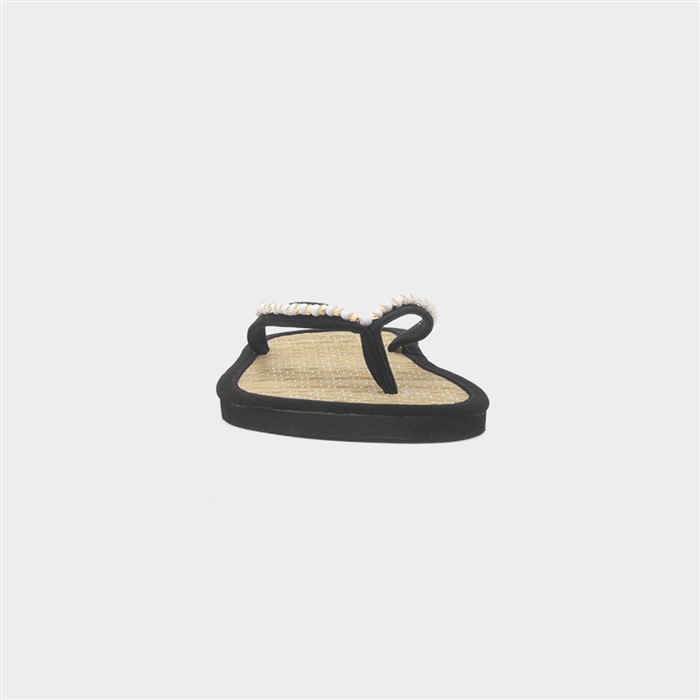Womens Black Beaded Toe Post Slip On Sandal