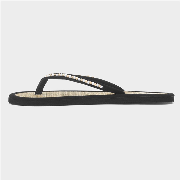 Womens Black Beaded Toe Post Slip On Sandal
