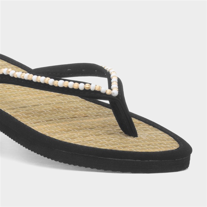 Womens Black Beaded Toe Post Slip On Sandal