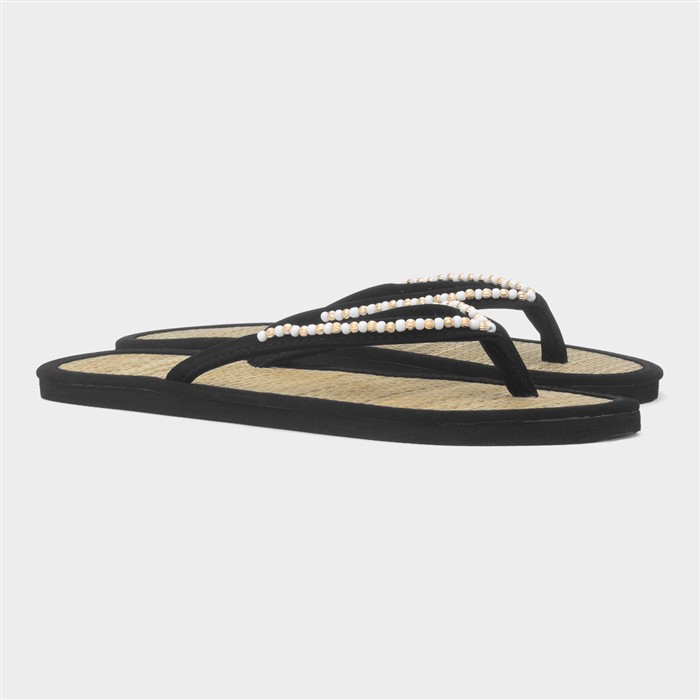 Womens Black Beaded Toe Post Slip On Sandal