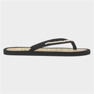 Womens Black Beaded Toe Post Slip On Sandal