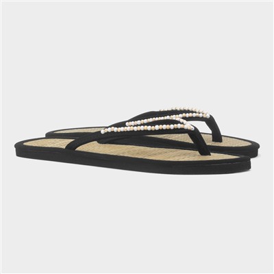 Womens Black Beaded Toe Post Slip On Sandal