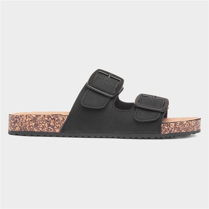 Womens Black Buckle Footbed Mule Sandal
