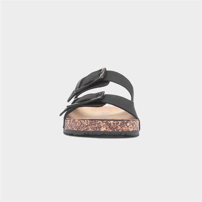 Womens Black Buckle Footbed Mule Sandal