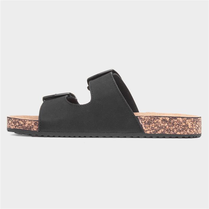Womens Black Buckle Footbed Mule Sandal