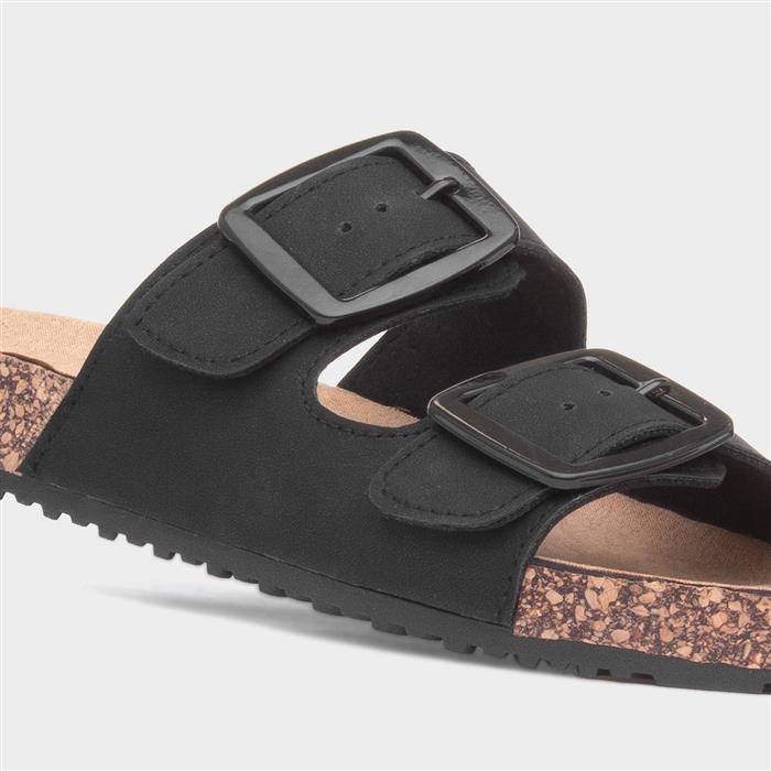 Womens Black Buckle Footbed Mule Sandal