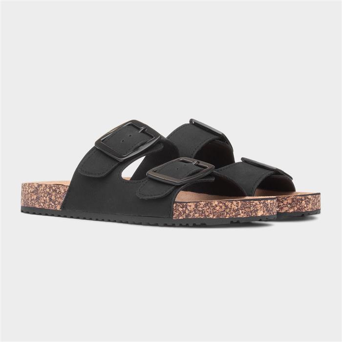Womens Black Buckle Footbed Mule Sandal