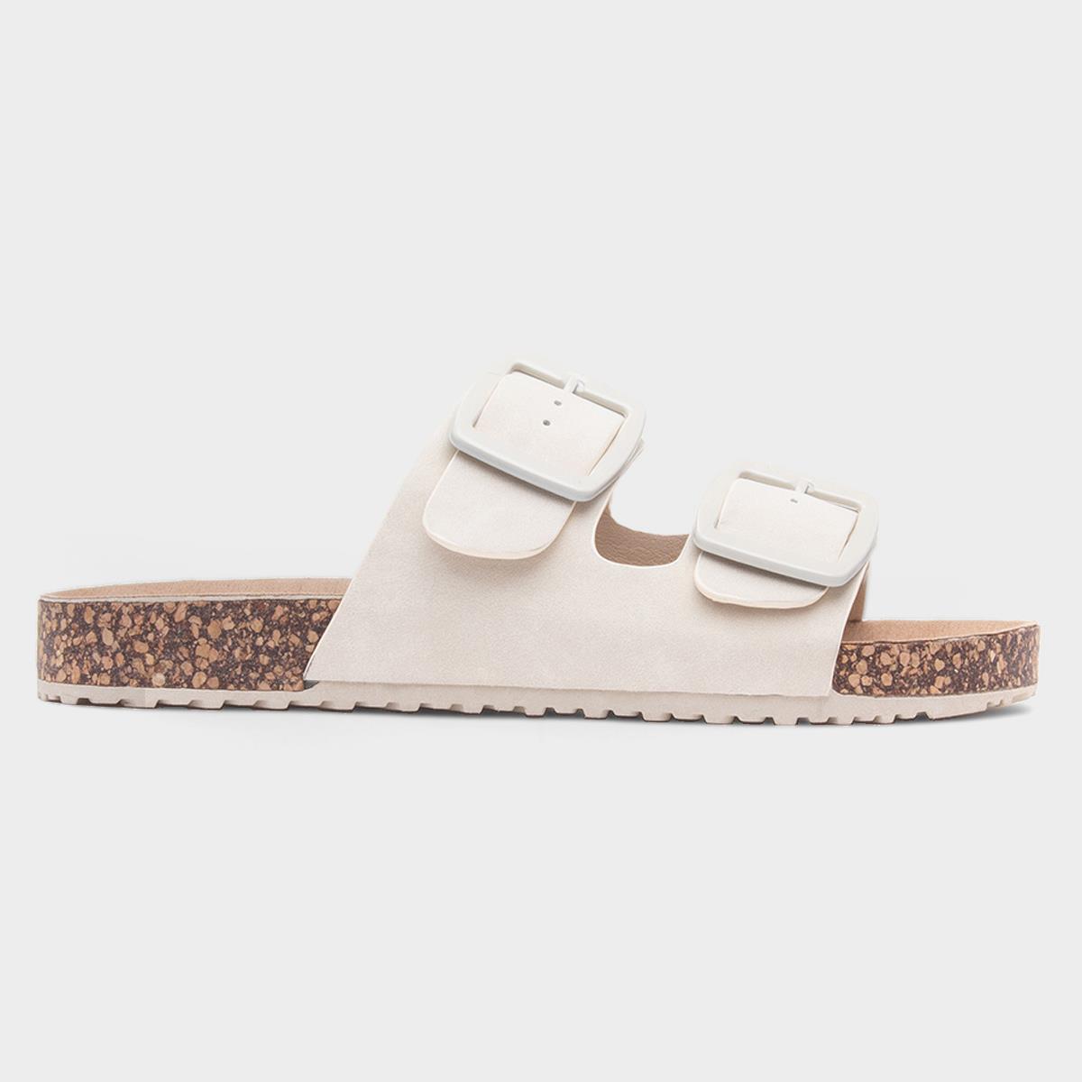 Stefi Womens Beige Buckle Footbed Sandal