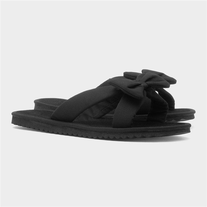 Womens Black Bow Slip On Beach Mule Sandal