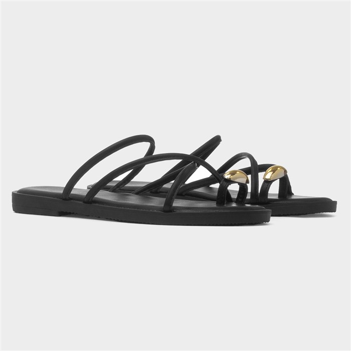 Kallie Womens Black Toe Ring Strappy Sandal