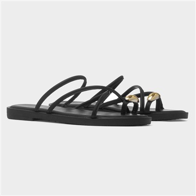 Kallie Womens Black Toe Ring Strappy Sandal