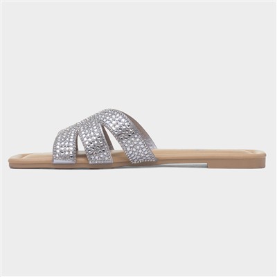 Daniella Womens Silver Diamante Mule Sandal