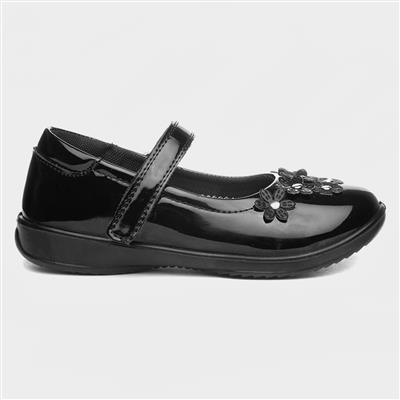 Girls Black Patent Flower School Shoe