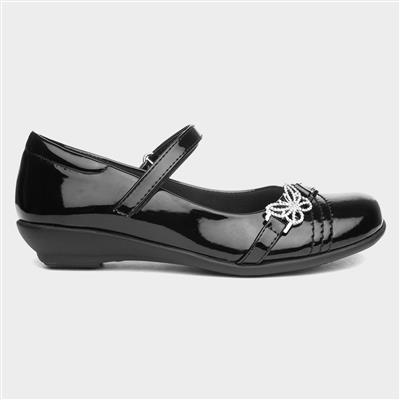Girls Black Patent Butterfly School Shoe