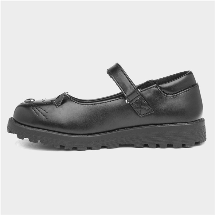 Lucy Girls Black Cat Face School Shoe
