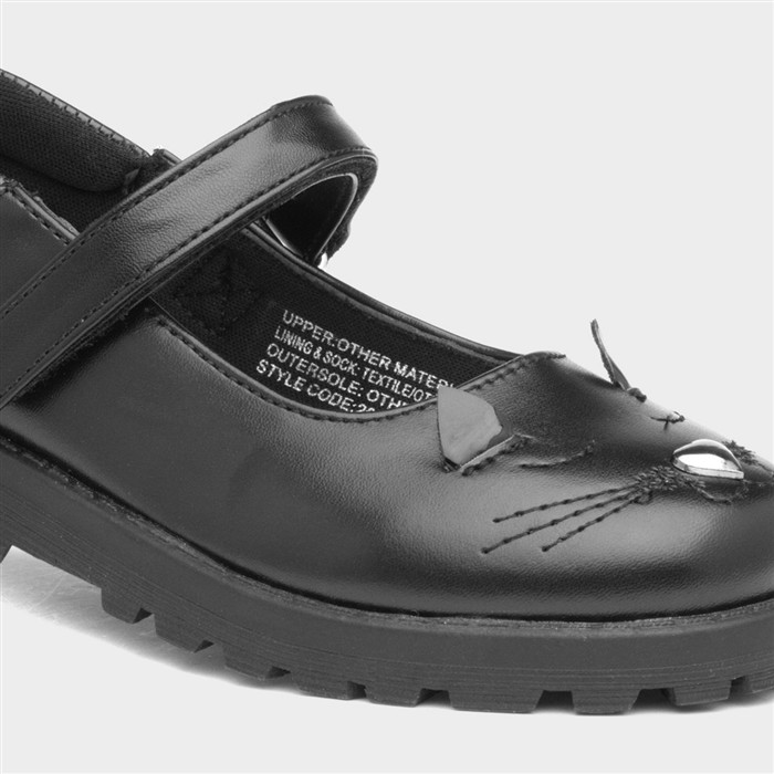 Lucy Girls Black Cat Face School Shoe