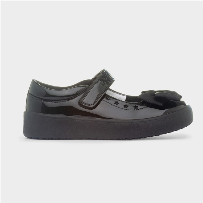 Girls Black Shiny Bow School Shoe