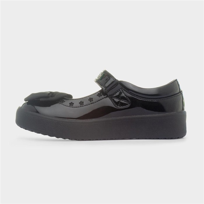 Girls Black Shiny Bow School Shoe