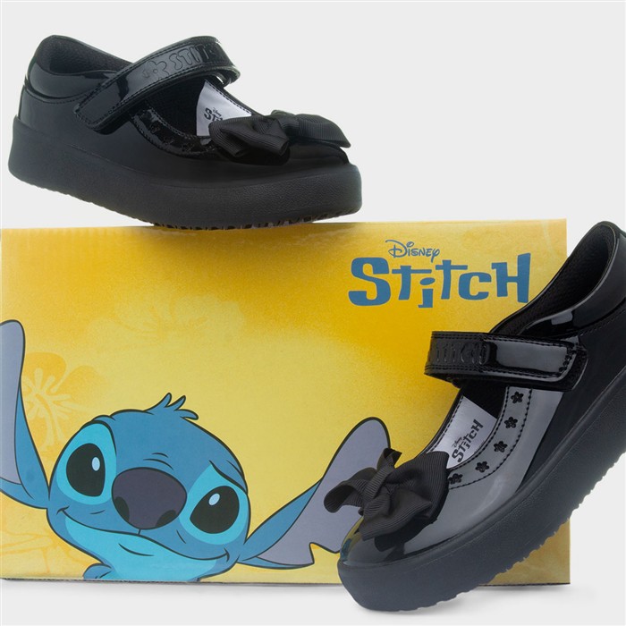Girls Black Shiny Bow School Shoe