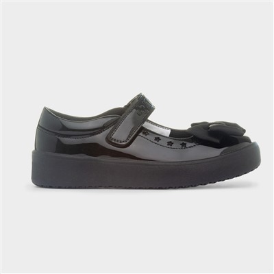 Girls Black Shiny Bow School Shoe