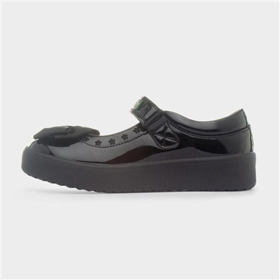 Girls Black Shiny Bow School Shoe