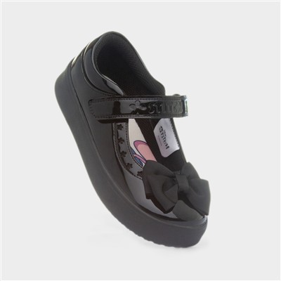 Girls Black Shiny Bow School Shoe