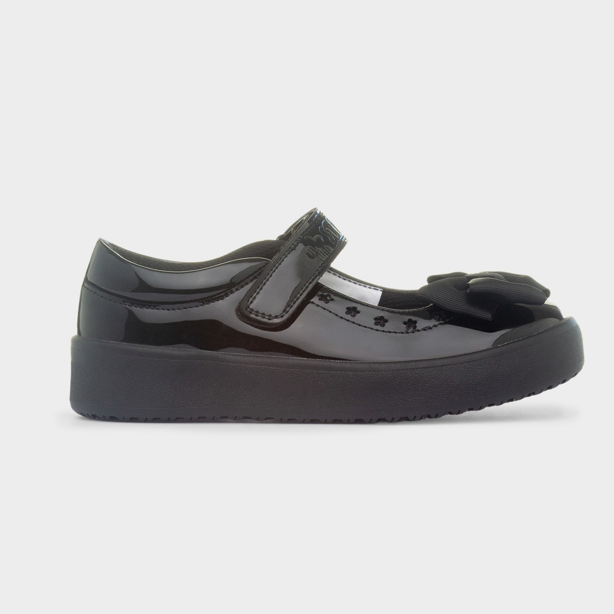 Girls Black Shiny Bow School Shoe
