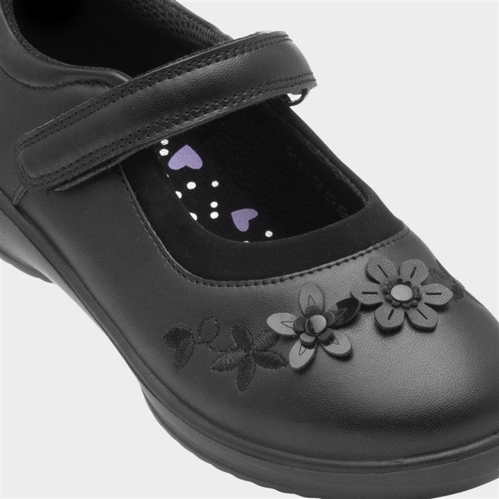 Olive Girls Black Floral School Shoe