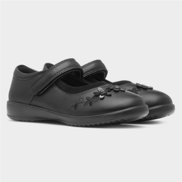 Olive Girls Black Floral School Shoe