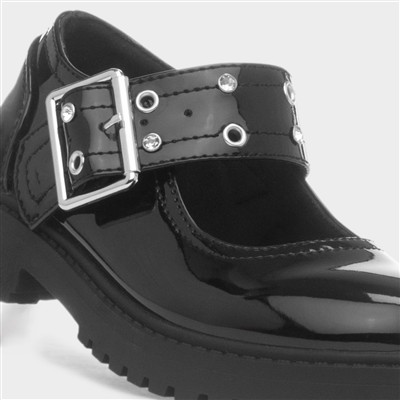 Luanne Girls Black Patent Buckle Shoe