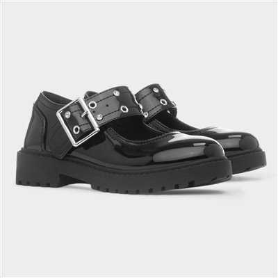 Luanne Girls Black Patent Buckle Shoe
