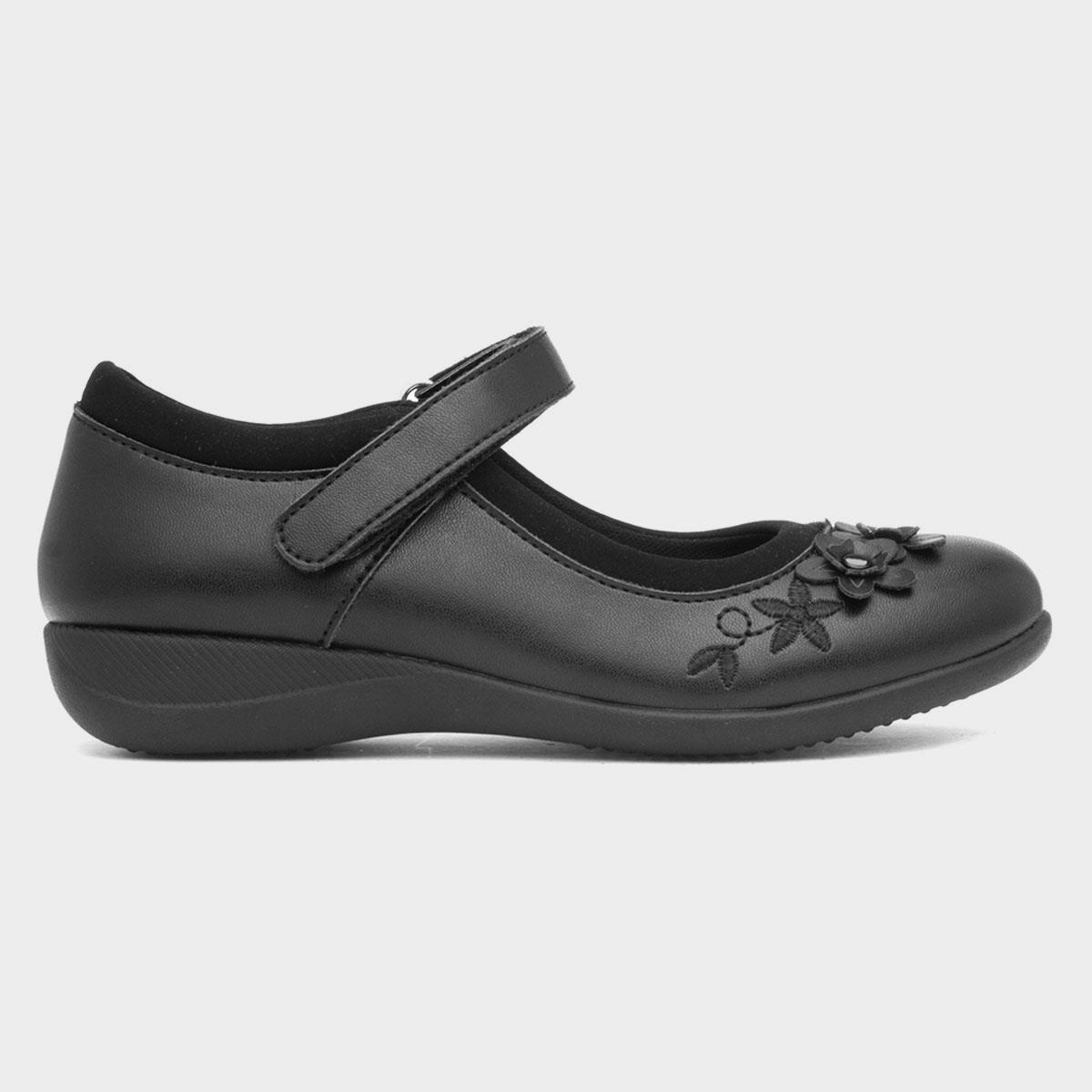 Ivette Girls Black Flower School Shoe