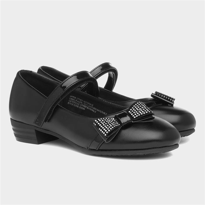 Girls Black Bow Heeled School Shoe