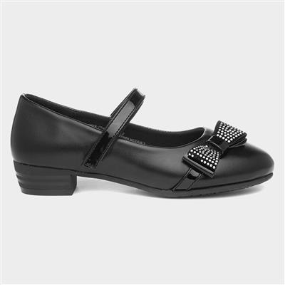 Girls Black Bow Heeled School Shoe