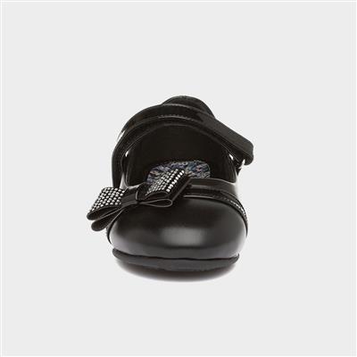 Girls Black Bow Heeled School Shoe