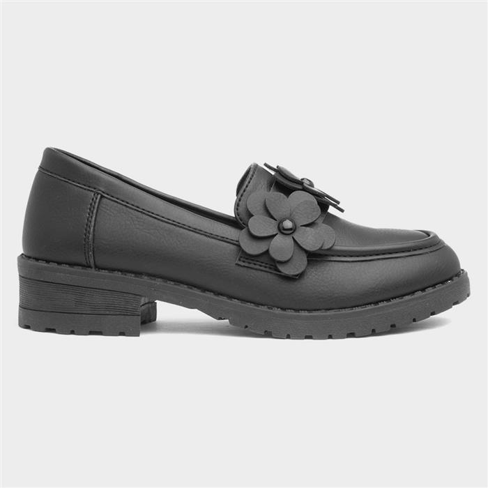 Girls Black Flower Loafer