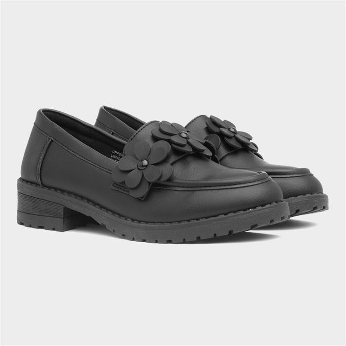 Girls Black Flower Loafer