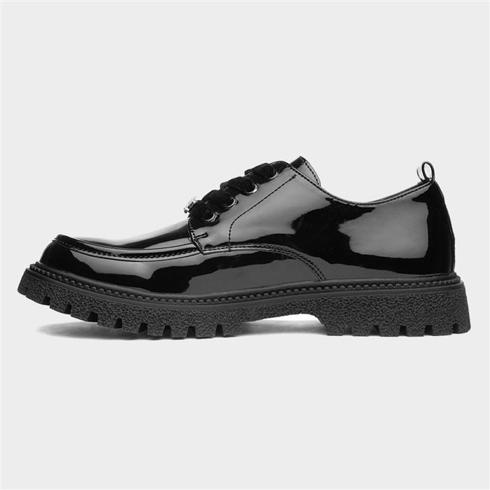 Girls Black Lace Up Chunky Patent Shoe