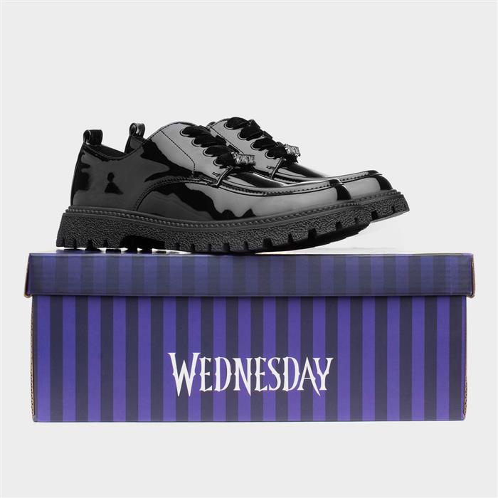 Girls Black Lace Up Chunky Patent Shoe
