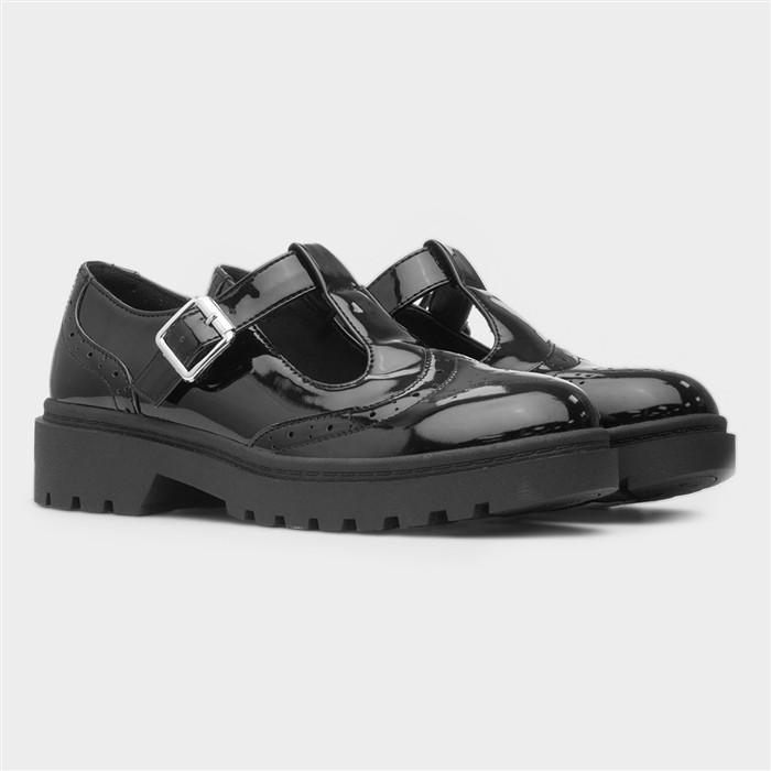 Girls Black Patent T-Bar Buckle Shoe