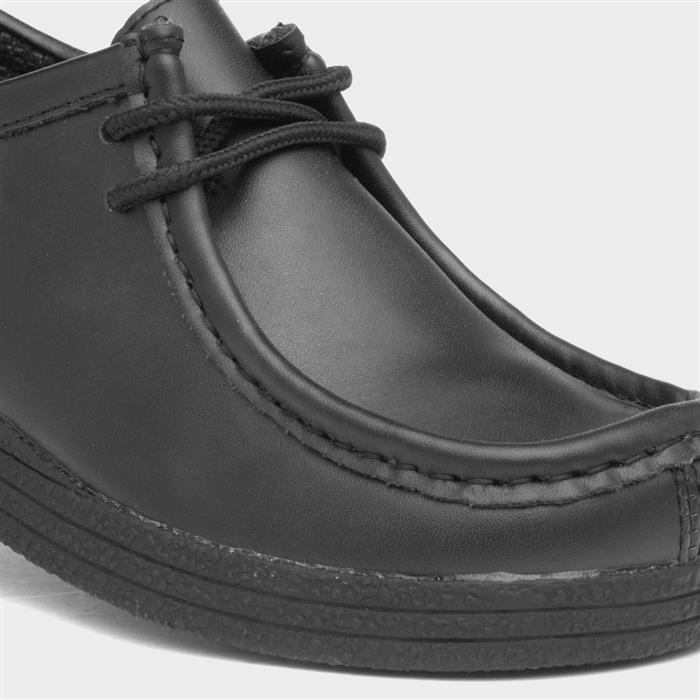 Kids Black Coated Leather Lace Up Shoe 
