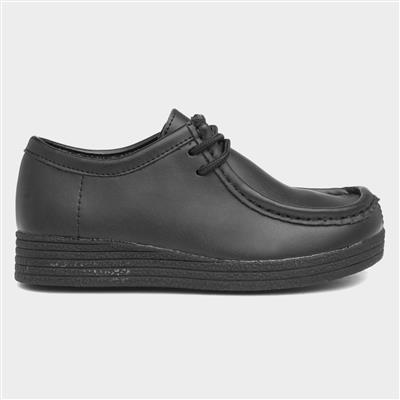 Kids Black Coated Leather Lace Up Shoe