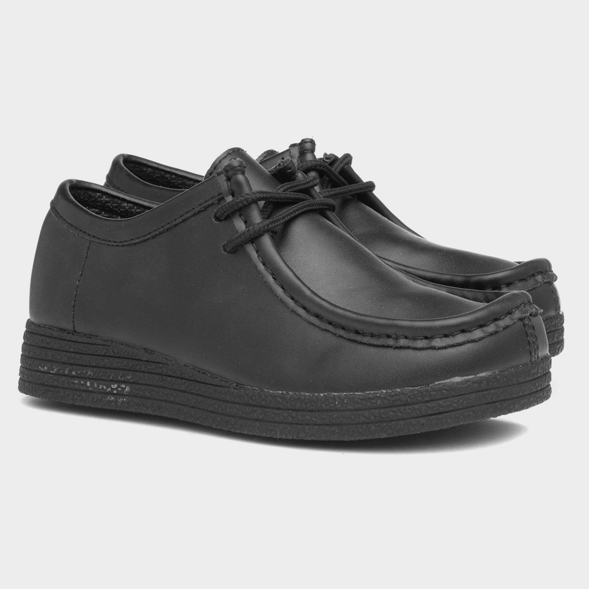 Kids Black Coated Leather Lace Up Shoe 