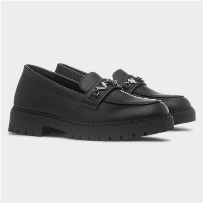 Girls Black Heart & Flower Slip On Loafer